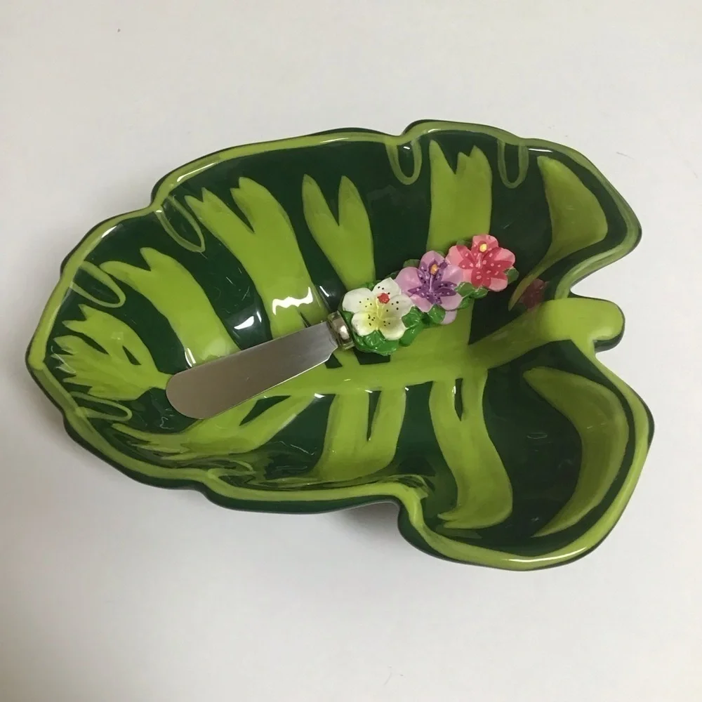 Tropical Leaf Serving Bowl Floral Spreader Green Ceramic Dip Fruit Hawaii Luau